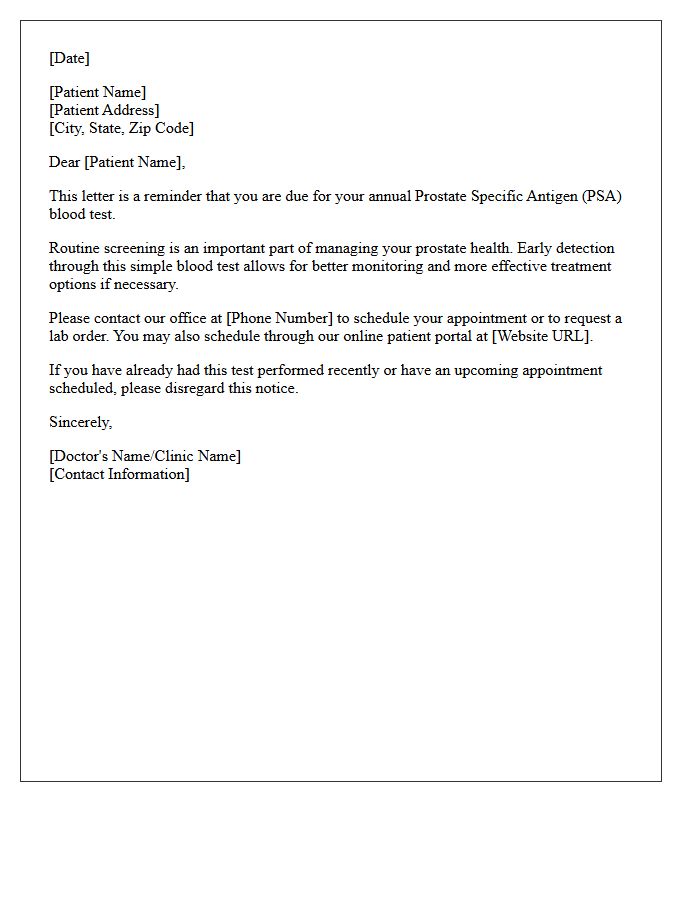 Annual Prostate Specific Antigen Test Reminder Letter