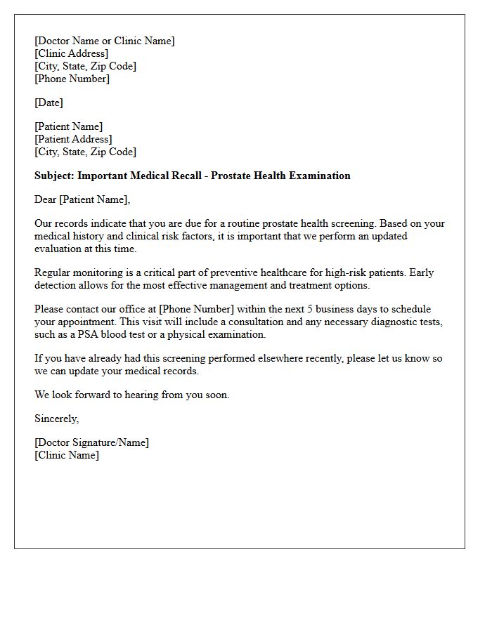High-Risk Patient Prostate Examination Recall Letter