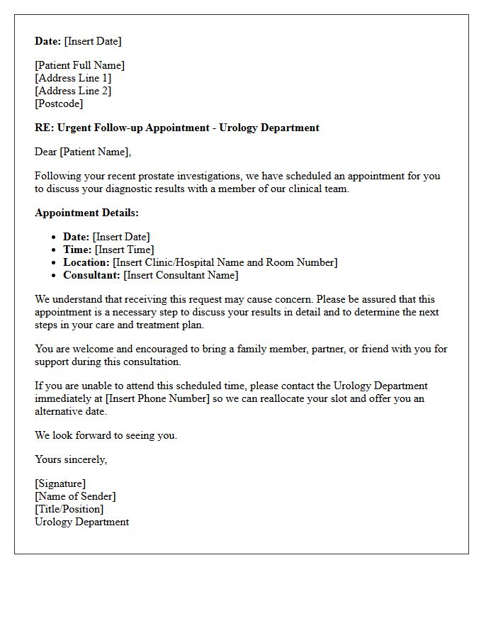 Urology Department Prostate Cancer Diagnostic Recall Letter
