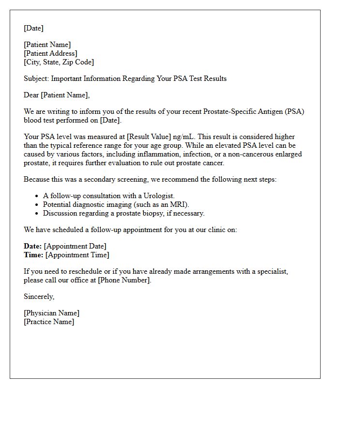 Abnormal PSA Result Secondary Prostate Screening Letter