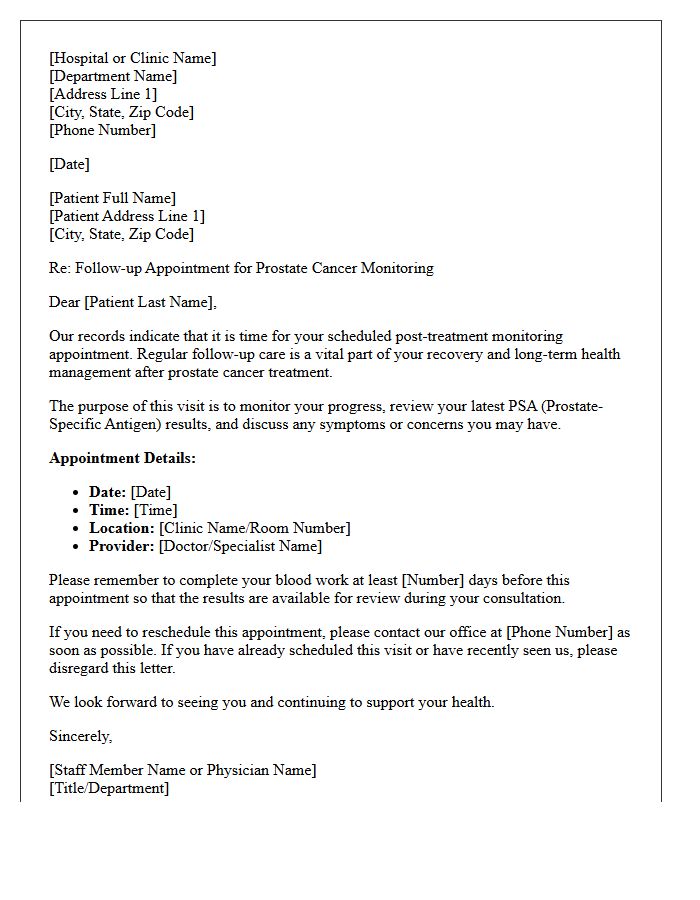 Post-Treatment Prostate Cancer Monitoring Recall Letter