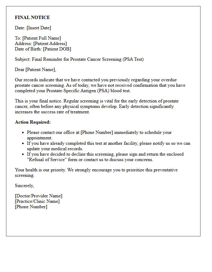 Final Notice Prostate Cancer Screening Recall Letter
