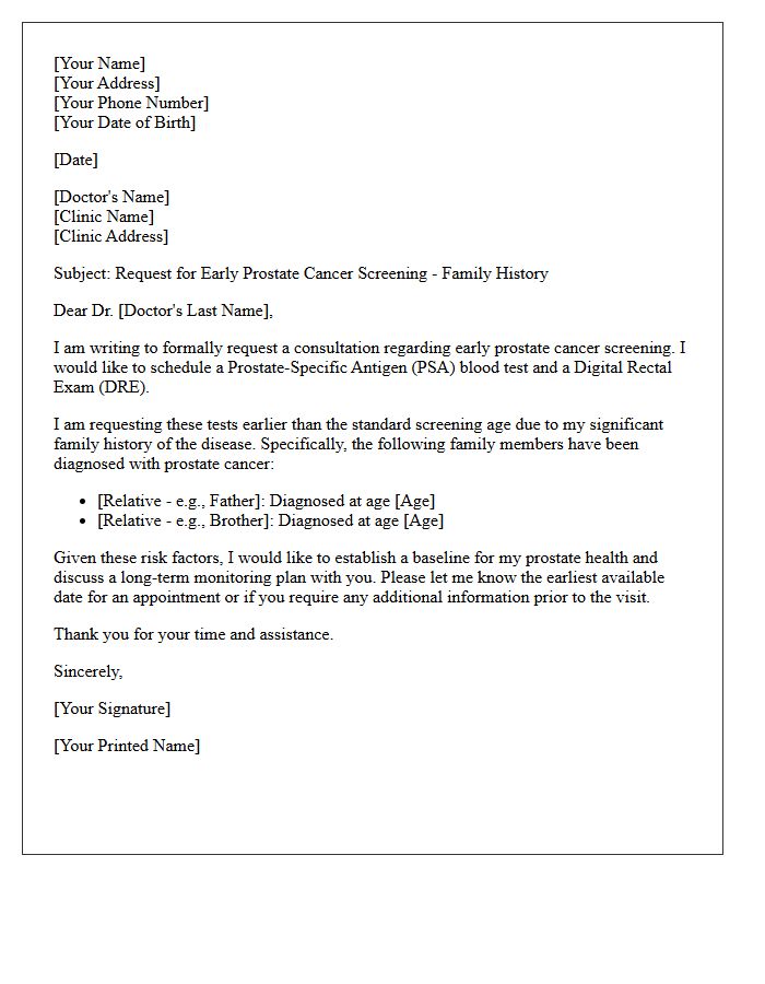 Family History Prostate Cancer Early Screening Letter