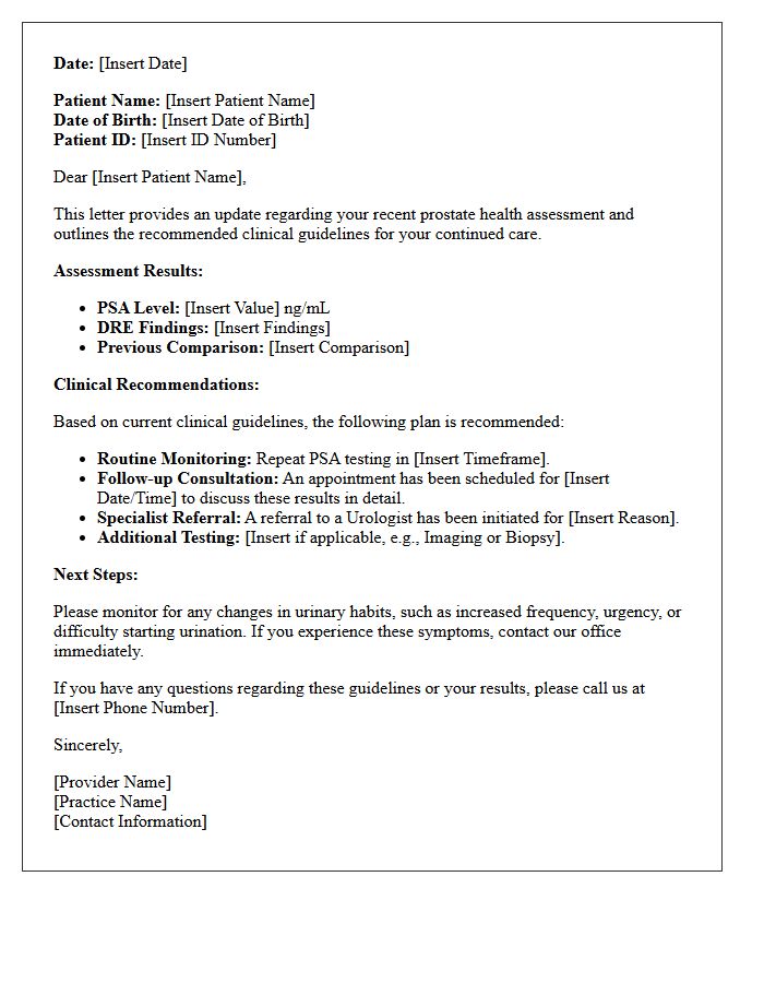 Clinical Guidelines Prostate Health Assessment Letter