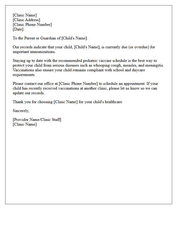 Standard Pediatric Immunization Recall Letter