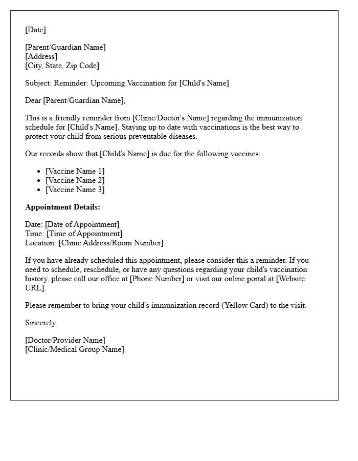 Infant Vaccination Schedule Reminder Letter