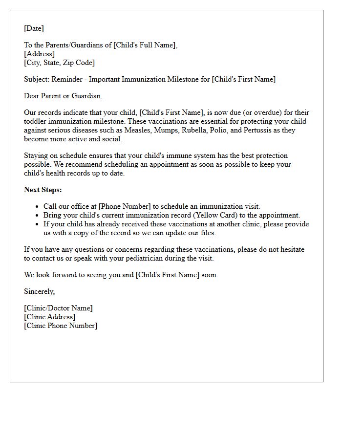 Toddler Immunization Milestone Recall Letter