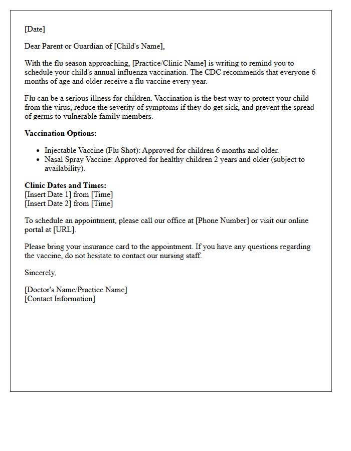 Seasonal Pediatric Influenza Vaccination Letter