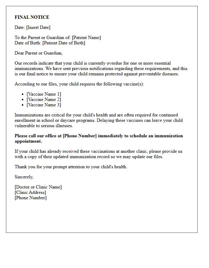 Final Notice Pediatric Immunization Recall Letter