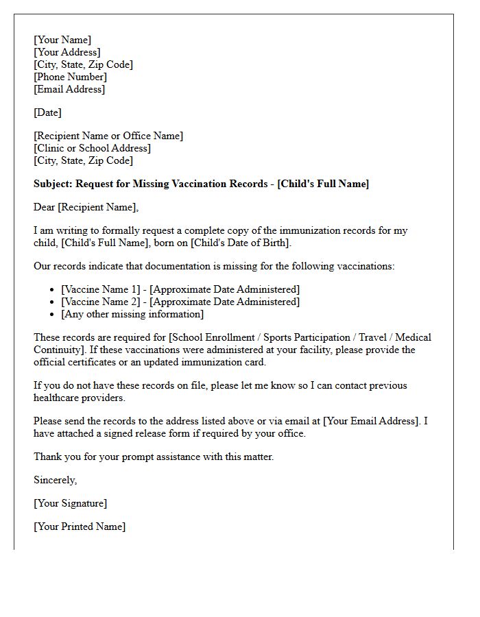 Missing Pediatric Vaccination Record Letter