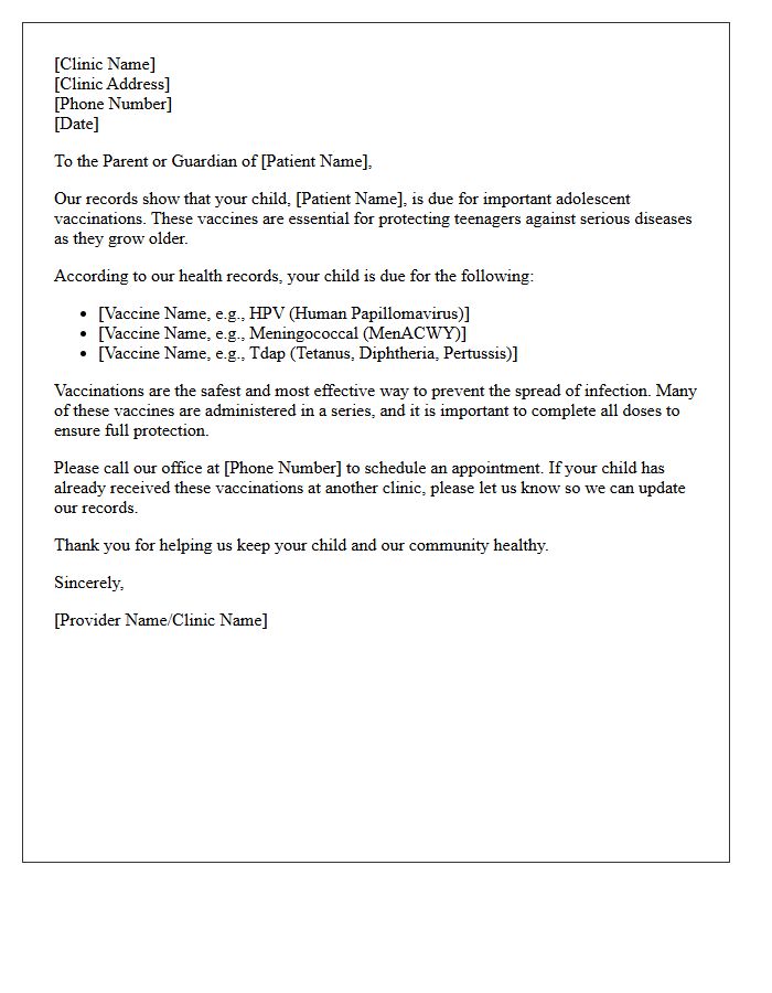 Adolescent Vaccination Series Recall Letter