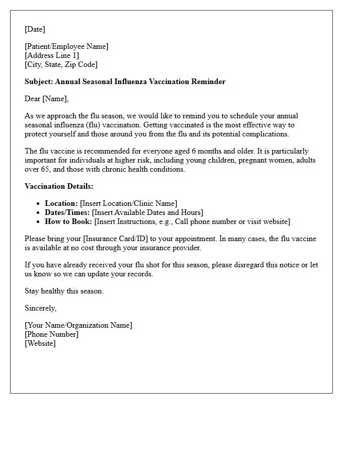 Annual Seasonal Influenza Vaccination Reminder Letter
