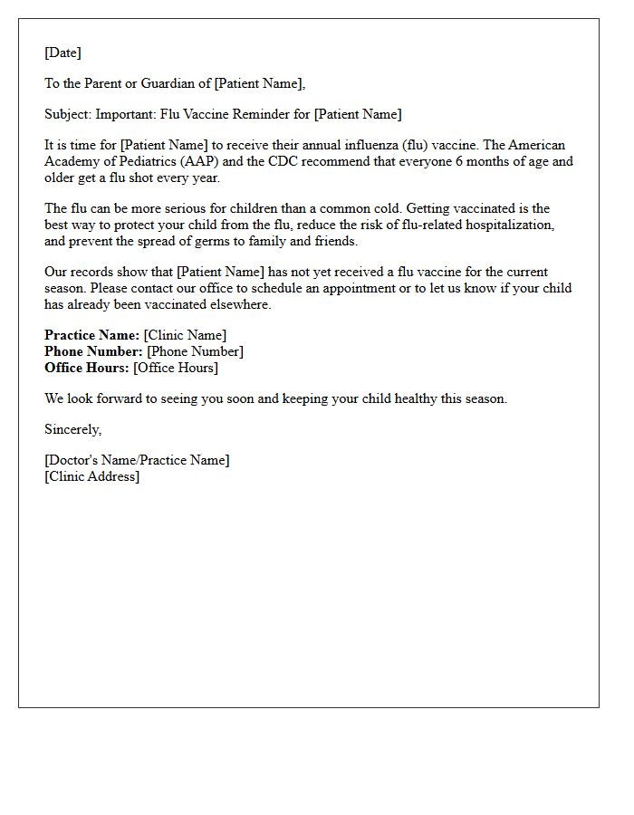 Pediatric Patient Influenza Vaccination Recall Letter