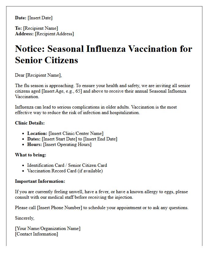 Senior Citizen Seasonal Influenza Vaccination Notice Letter