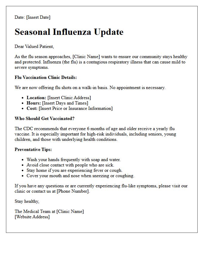 Walk-In Clinic Seasonal Influenza Update Letter