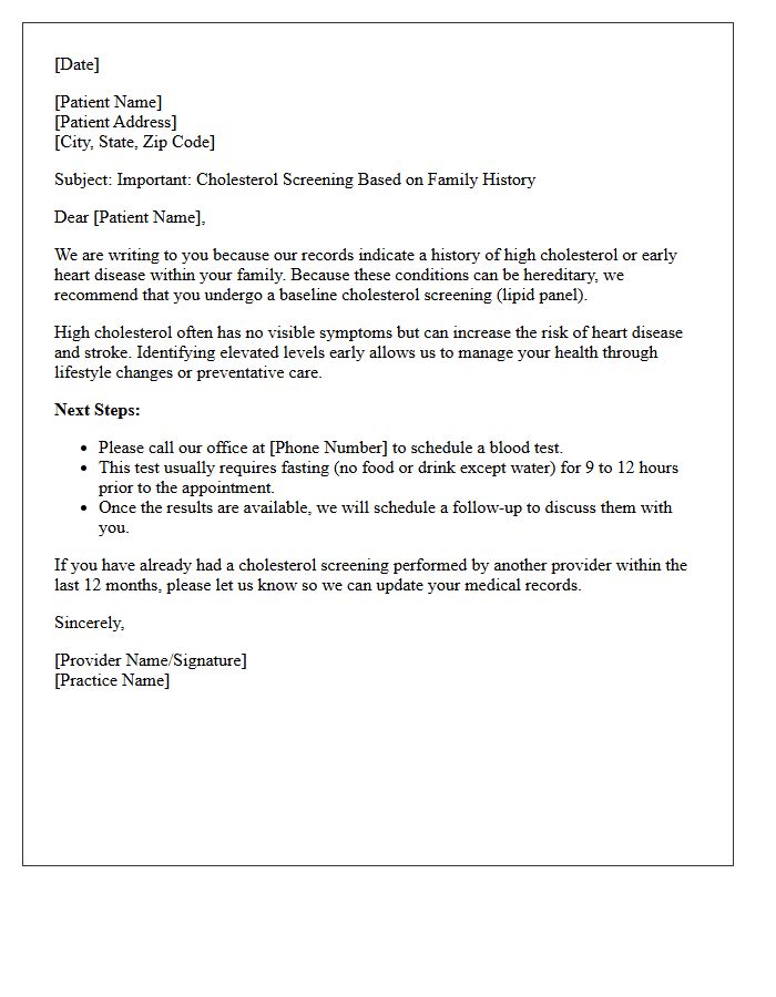 Family History Cholesterol Screening Letter