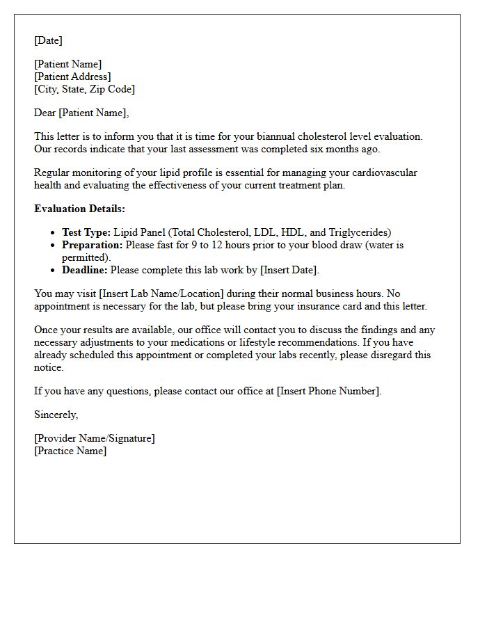 Biannual Cholesterol Level Evaluation Letter