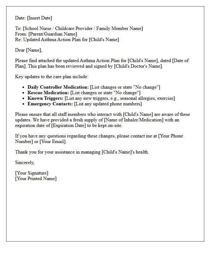 Pediatric Asthma Care Plan Update Letter