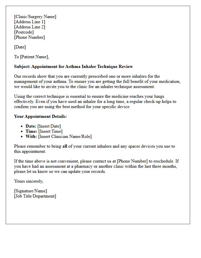 Asthma Inhaler Technique Assessment Recall Letter