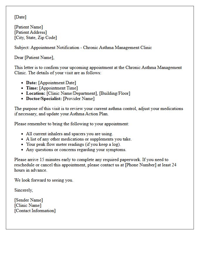 Chronic Asthma Management Clinic Appointment Letter