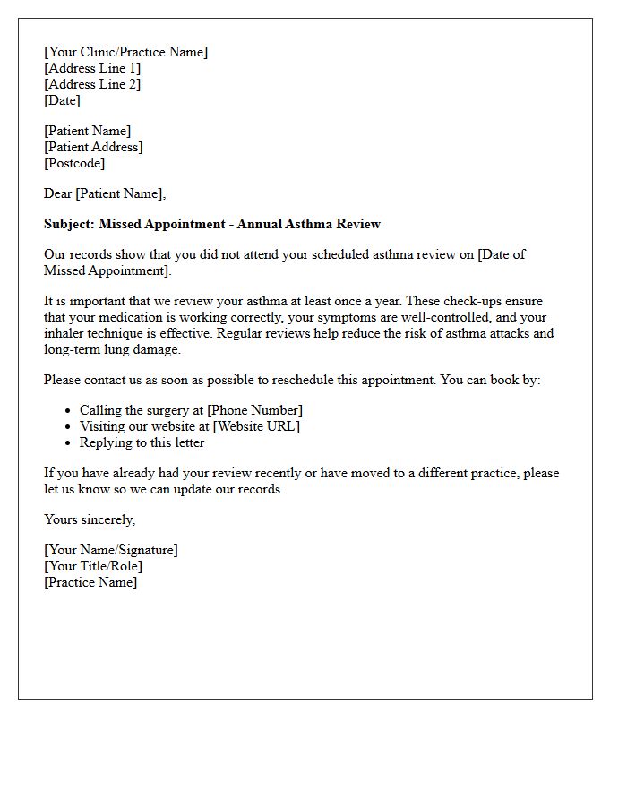 Missed Asthma Review Rescheduling Letter