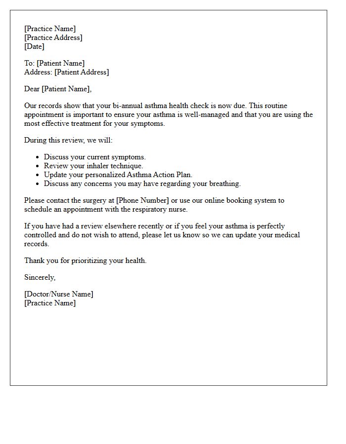 Bi-Annual Asthma Health Check Recall Letter
