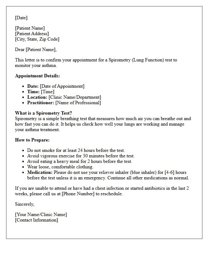 Asthma Spirometry Testing Appointment Letter