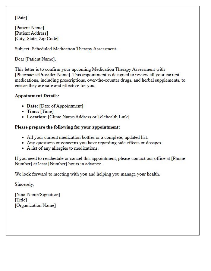 Scheduled Medication Therapy Assessment Letter