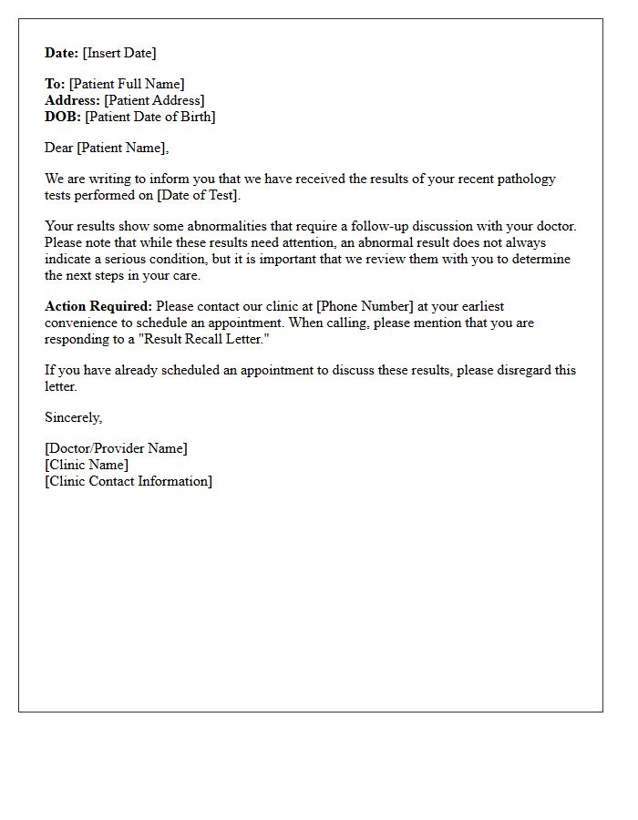 Standard Abnormal Pathology Result Recall Letter