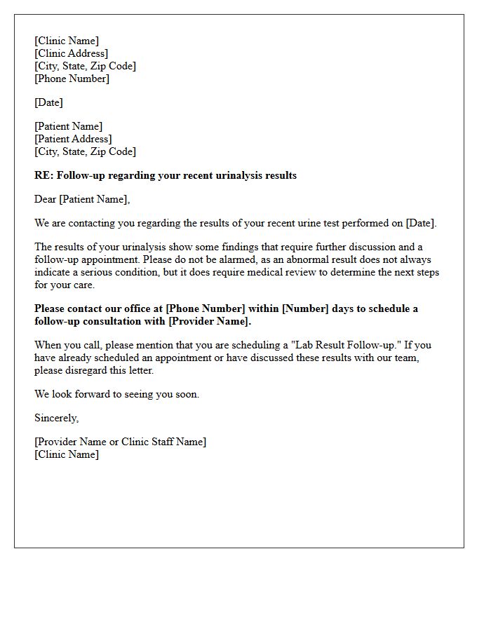 Urinalysis Abnormal Result Follow-Up Recall Letter