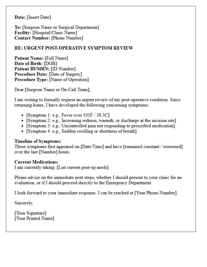 Urgent Post-Operative Symptom Review Letter
