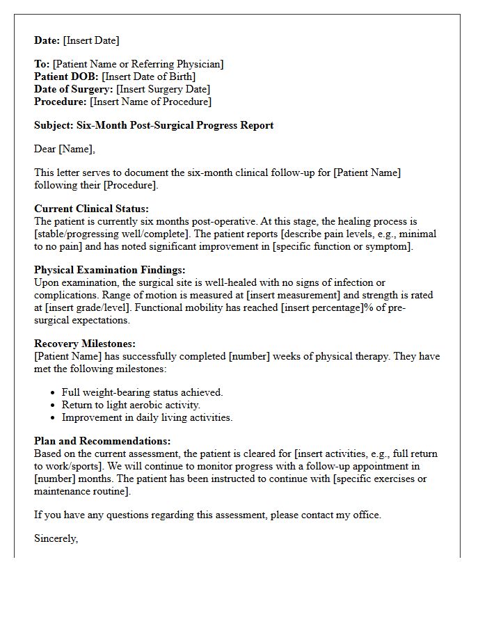 Six-Month Post-Surgical Progress Letter