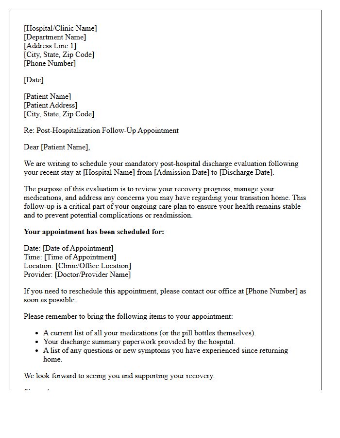 Standard Post-Hospital Discharge Evaluation Recall Letter