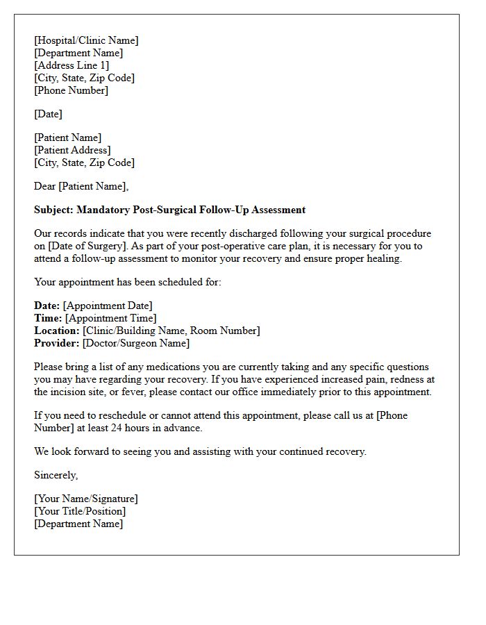 Surgical Post-Hospital Discharge Assessment Recall Letter