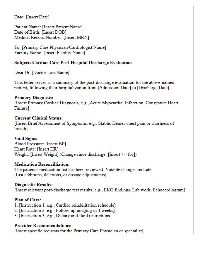 Cardiac Care Post-Hospital Discharge Evaluation Letter