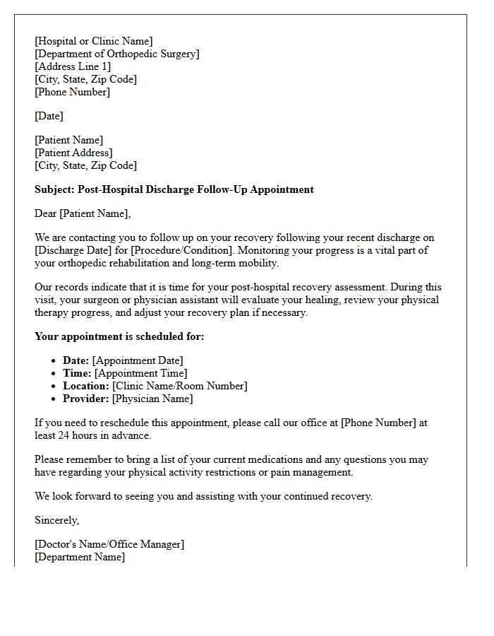 Orthopedic Post-Hospital Discharge Recovery Recall Letter