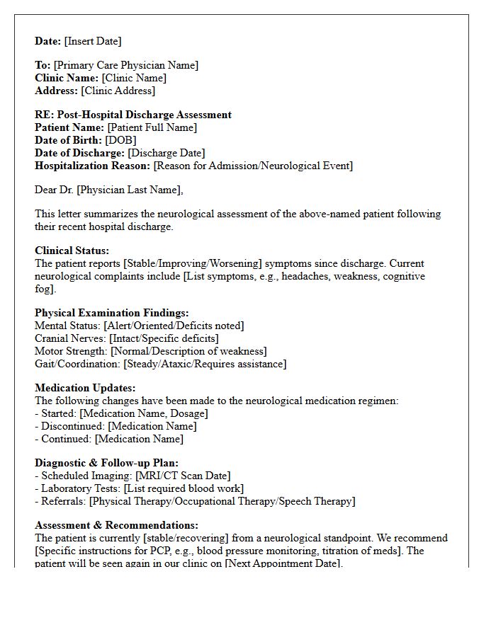 Neurological Post-Hospital Discharge Assessment Letter