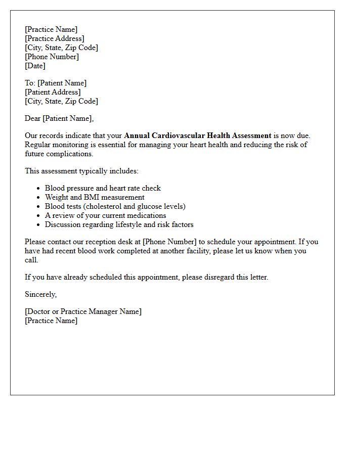 Annual Cardiovascular Health Assessment Recall Letter
