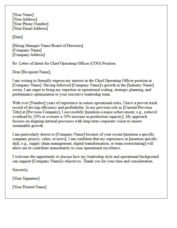 Letter of Intent for Chief Operating Officer Executive Employment