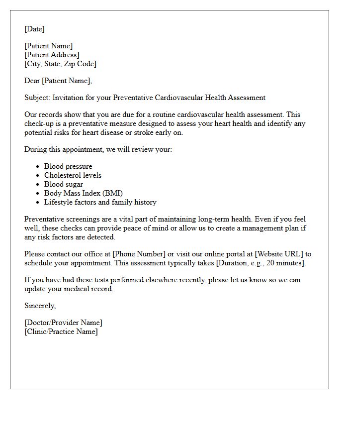 Preventative Cardiovascular Health Assessment Recall Letter