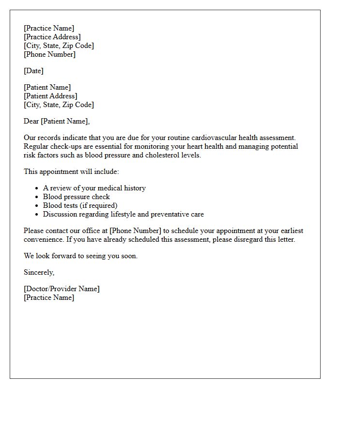 Routine Cardiovascular Health Assessment Recall Letter