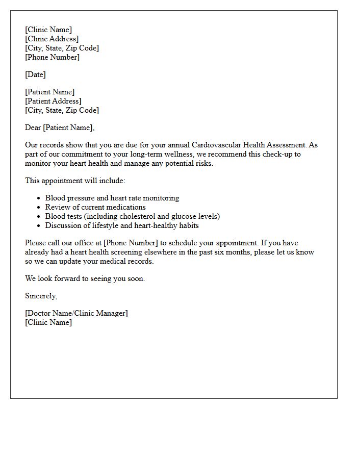 Senior Patient Cardiovascular Health Assessment Recall Letter