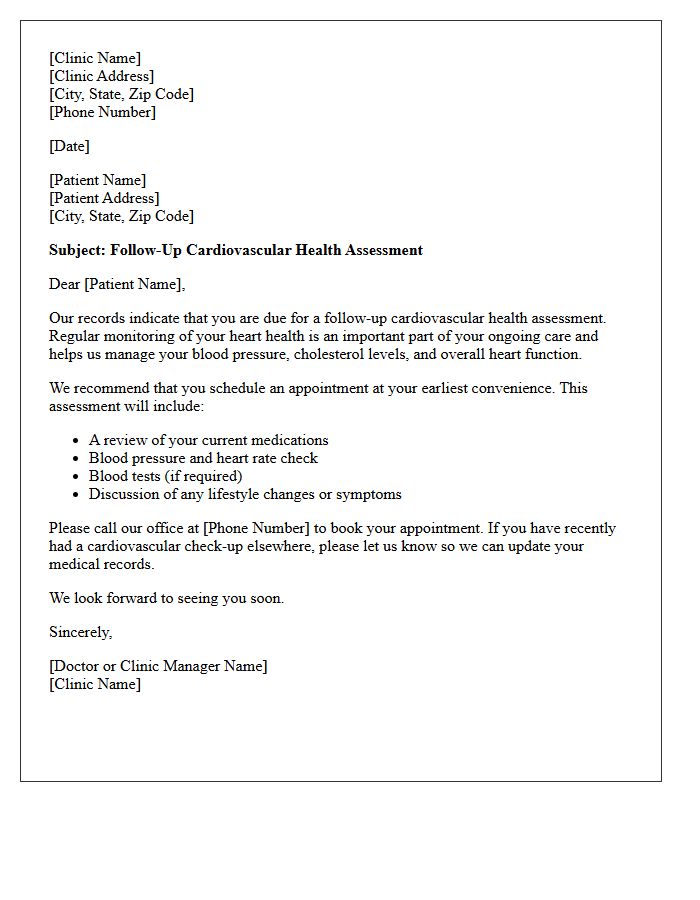 Follow-Up Cardiovascular Health Assessment Recall Letter