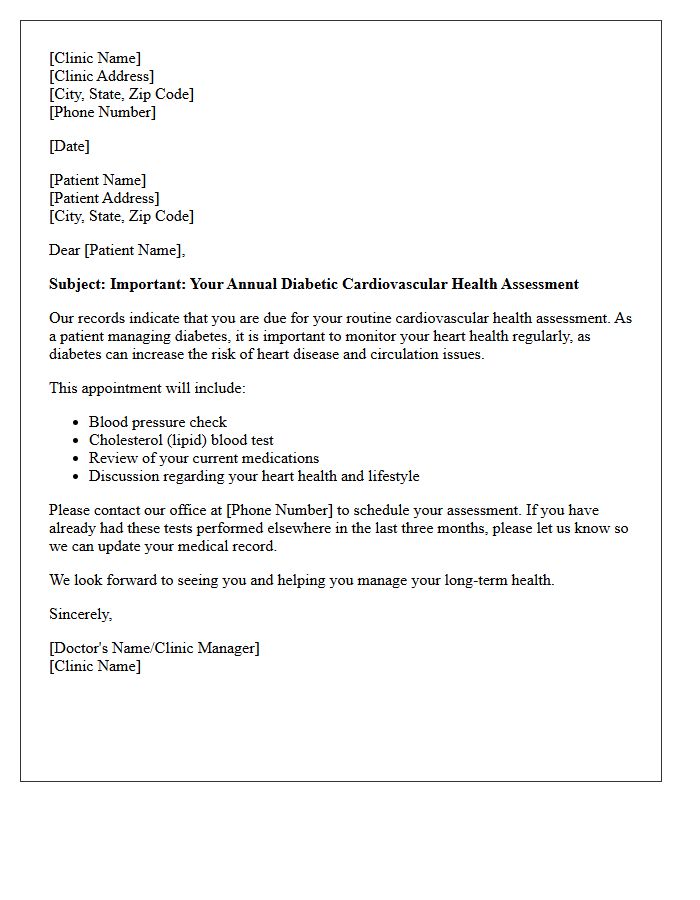 Diabetic Patient Cardiovascular Health Assessment Recall Letter