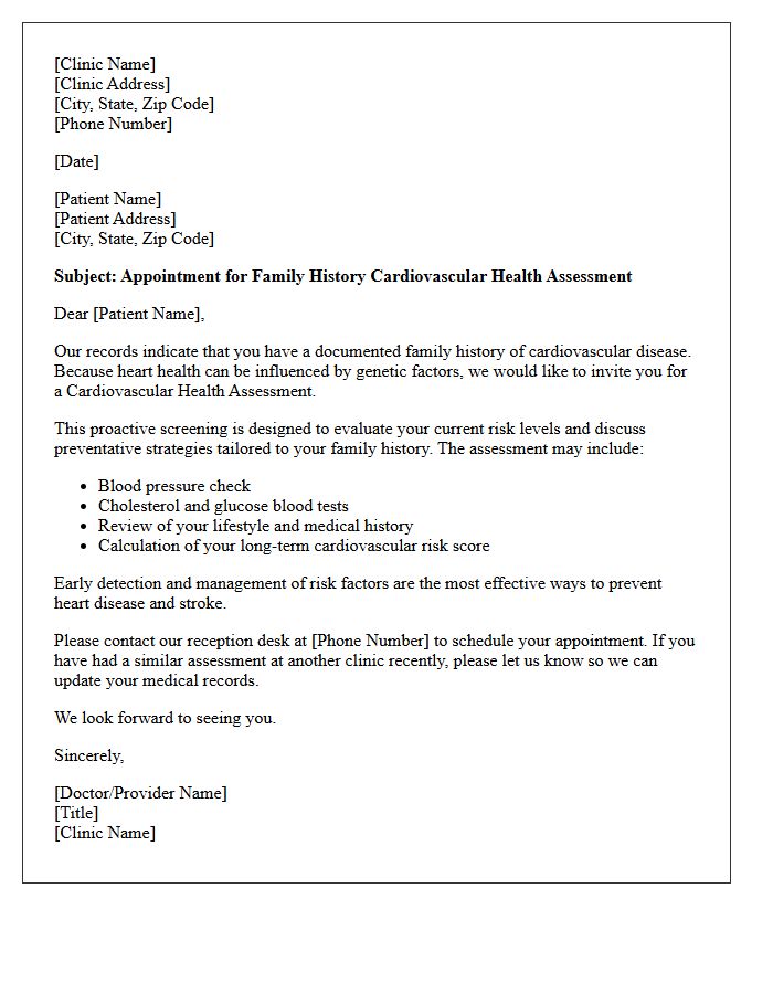Family History Cardiovascular Health Assessment Recall Letter