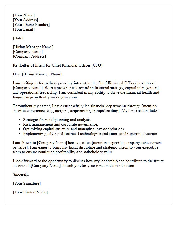 Letter of Intent for Chief Financial Officer Executive Employment