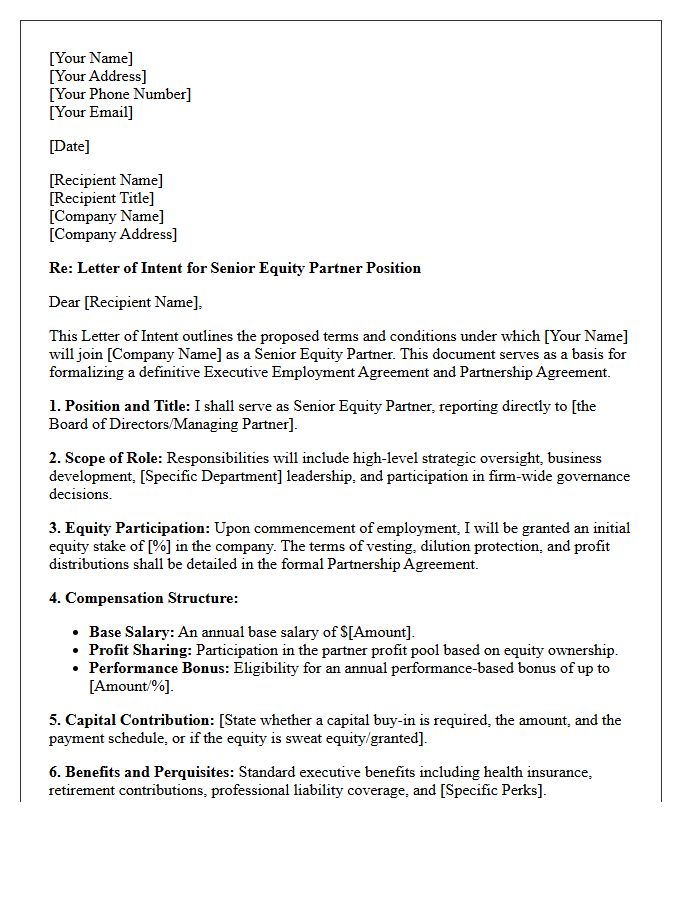 Letter of Intent for Senior Equity Partner Executive Employment