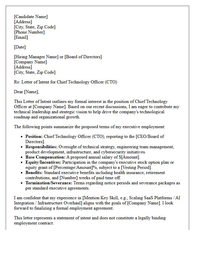 Letter of Intent for Chief Technology Officer Executive Employment