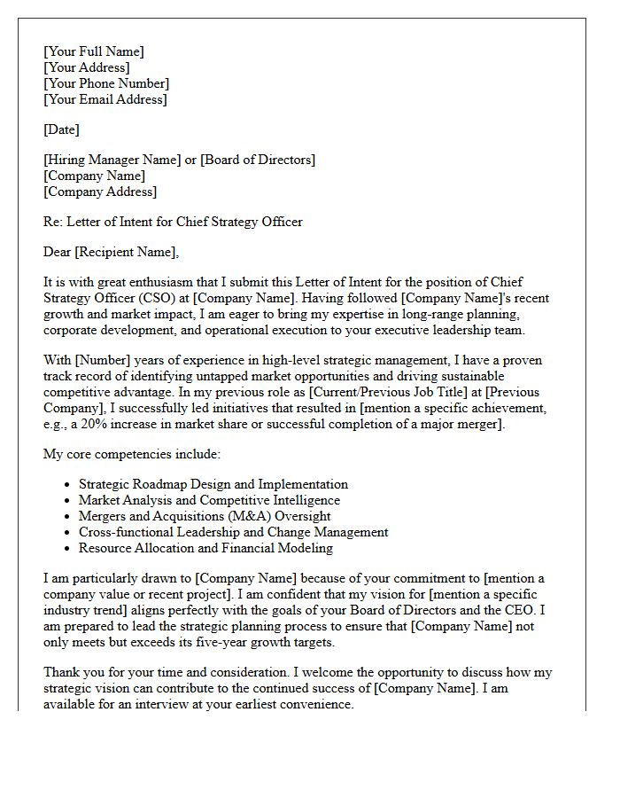 Letter of Intent for Chief Strategy Officer Executive Employment