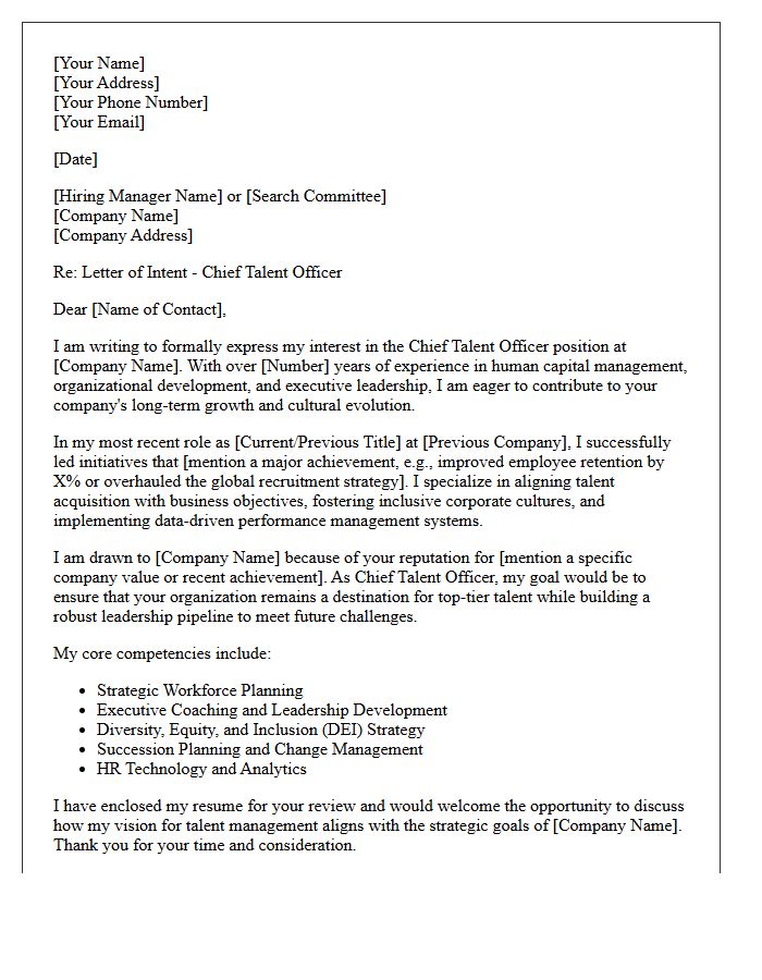Letter of Intent for Chief Talent Officer Executive Employment